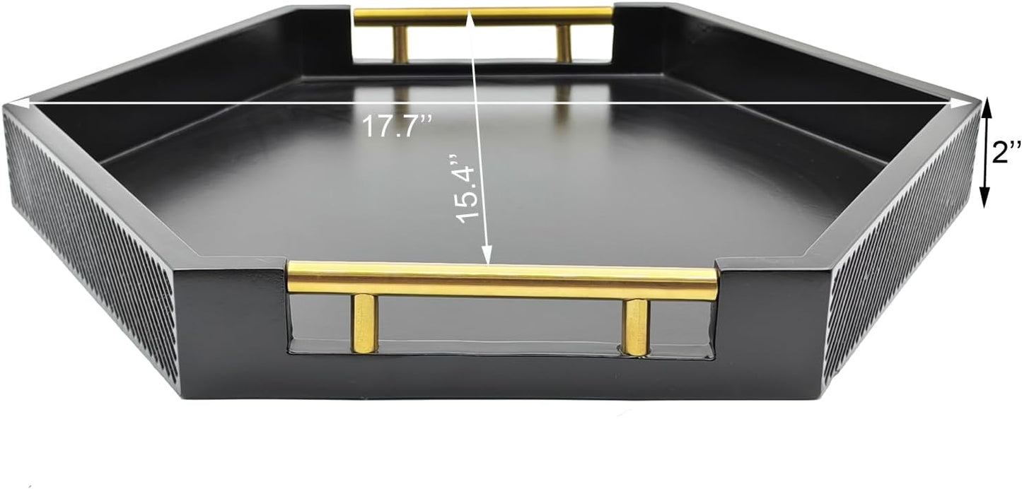 Hexagon Decorative Serving Tray with Polished Gold-Tone Metal Handles, Black Glossy Finish, Large Ottoman and Coffee Table Tray, 17.7x15.4x2 Inch (Black)