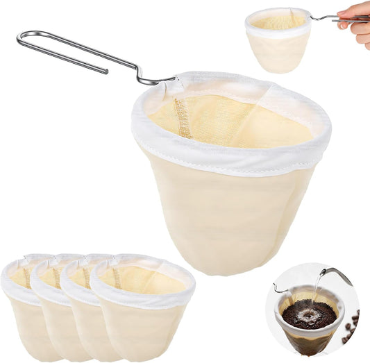 5 Pcs Cloth Coffee Filters Reusable, Coffee Strainer Cloth with Stainless Steel Handle, Coffee Sock Filter for Straining Juice, NutMilk, Thai Tea, Yogurt and Soup