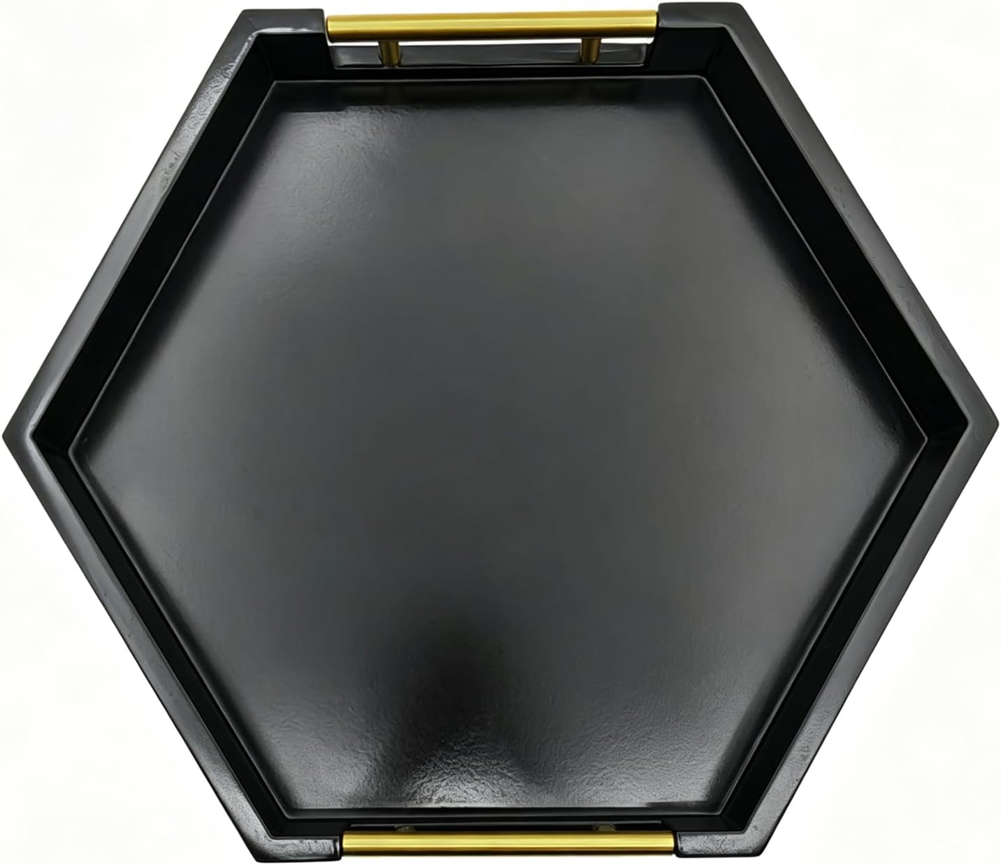 Hexagon Decorative Serving Tray with Polished Gold-Tone Metal Handles, Black Glossy Finish, Large Ottoman and Coffee Table Tray, 17.7x15.4x2 Inch (Black)