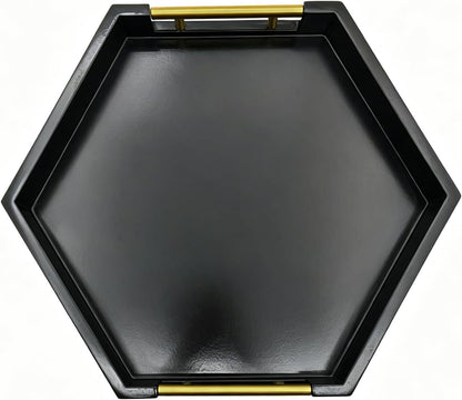 Hexagon Decorative Serving Tray with Polished Gold-Tone Metal Handles, Black Glossy Finish, Large Ottoman and Coffee Table Tray, 17.7x15.4x2 Inch (Black)