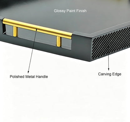 Hexagon Decorative Serving Tray with Polished Gold-Tone Metal Handles, Black Glossy Finish, Large Ottoman and Coffee Table Tray, 17.7x15.4x2 Inch (Black)