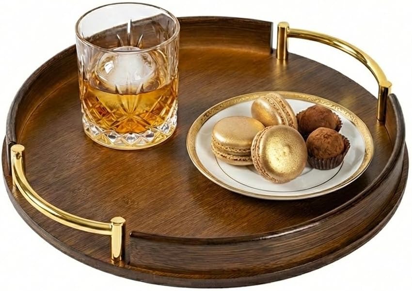 12-Inch Round Bamboo Serving Tray with Handles, Dark Brown Wooden Coffee Table Tray for Ottoman & Kitchen, Decorative Tray for Drinks, Snacks, Home Decor and Gift Use