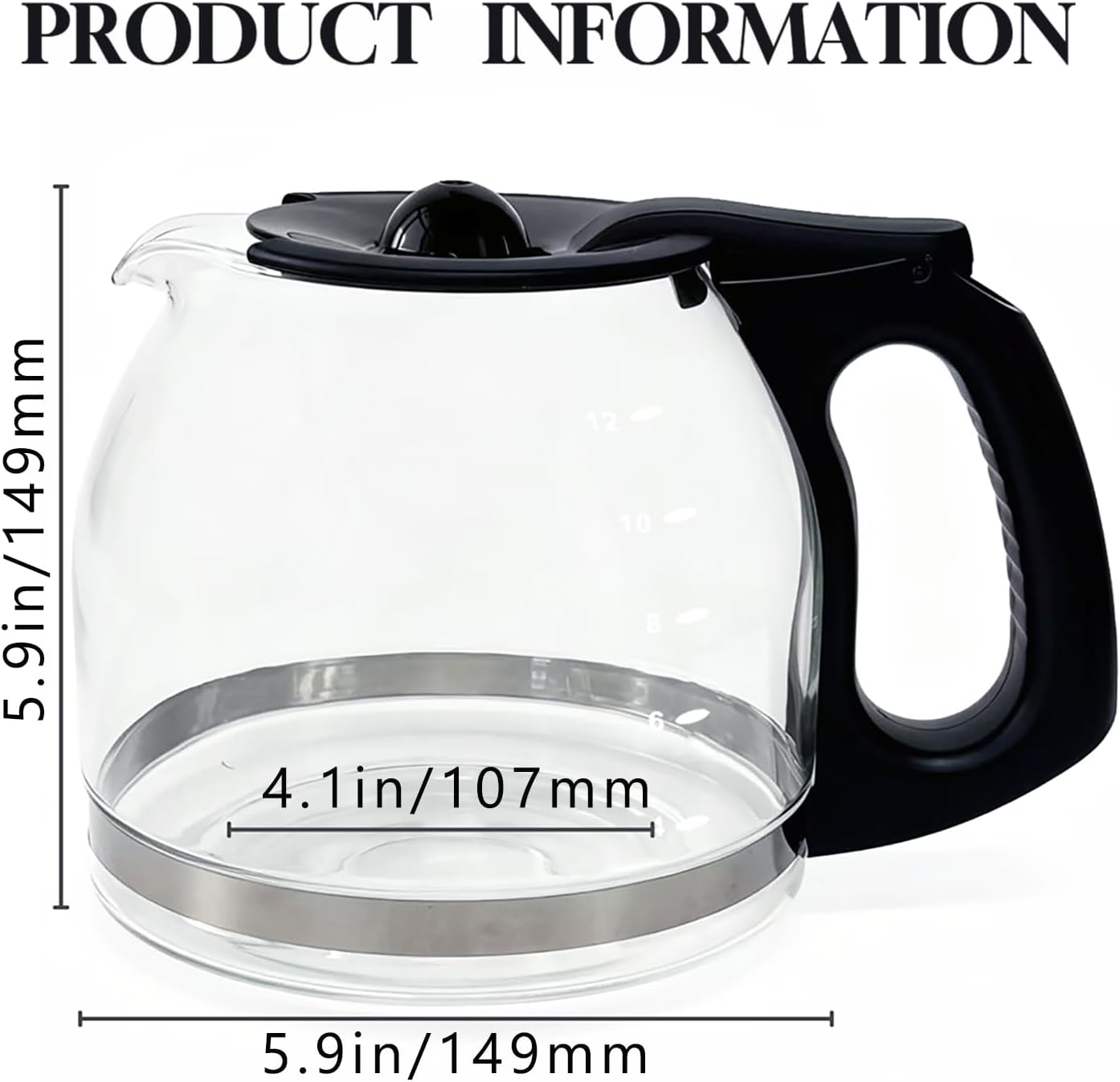 12-Cup Replacement Carafe Coffee Pot Compatible with Mr. Coffee Coffee maker Models# PLD12 PLD12-RB Series, Removeable Lid, Easy to Clean