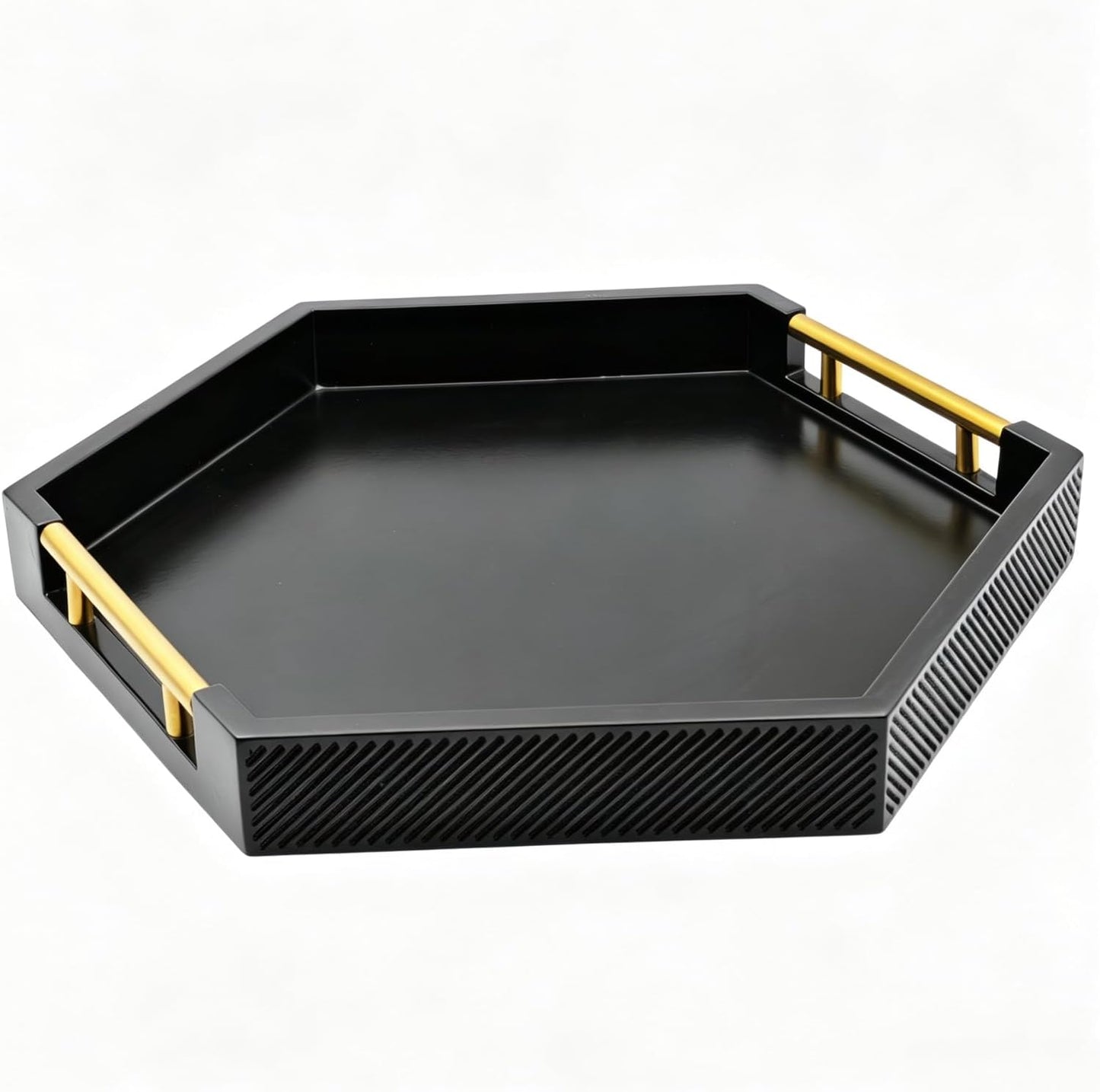 Hexagon Decorative Serving Tray with Polished Gold-Tone Metal Handles, Black Glossy Finish, Large Ottoman and Coffee Table Tray, 17.7x15.4x2 Inch (Black)