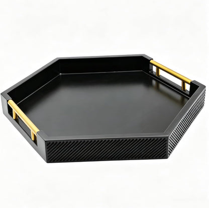 Hexagon Decorative Serving Tray with Polished Gold-Tone Metal Handles, Black Glossy Finish, Large Ottoman and Coffee Table Tray, 17.7x15.4x2 Inch (Black)