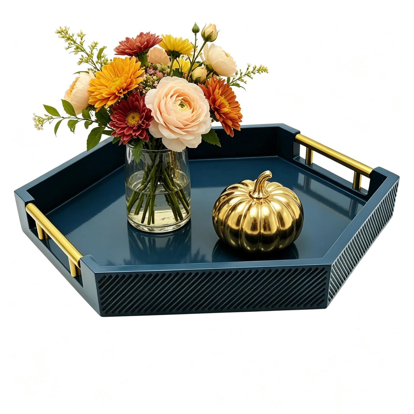 Hexagon Decorative Serving Tray with Polished Gold-Tone Metal Handles, Black Glossy Finish, Large Ottoman and Coffee Table Tray, 17.7x15.4x2 Inch (Black)