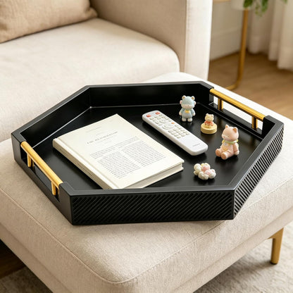 Hexagon Decorative Serving Tray with Polished Gold-Tone Metal Handles, Black Glossy Finish, Large Ottoman and Coffee Table Tray, 17.7x15.4x2 Inch (Black)