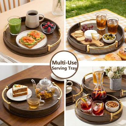 12-Inch Round Bamboo Serving Tray with Handles, Dark Brown Wooden Coffee Table Tray for Ottoman & Kitchen, Decorative Tray for Drinks, Snacks, Home Decor and Gift Use