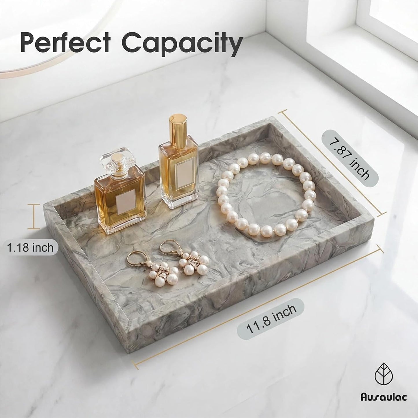 Natural Marble Tray Heavyweight Stone Vanity Tray for Bathroom Countertop, Coffee Table & Dresser - Handcrafted Rectangular Organizer (Gray X, 12" x 8" x 1.2")