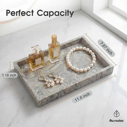 Natural Marble Tray Heavyweight Stone Vanity Tray for Bathroom Countertop, Coffee Table & Dresser - Handcrafted Rectangular Organizer (Gray X, 12" x 8" x 1.2")