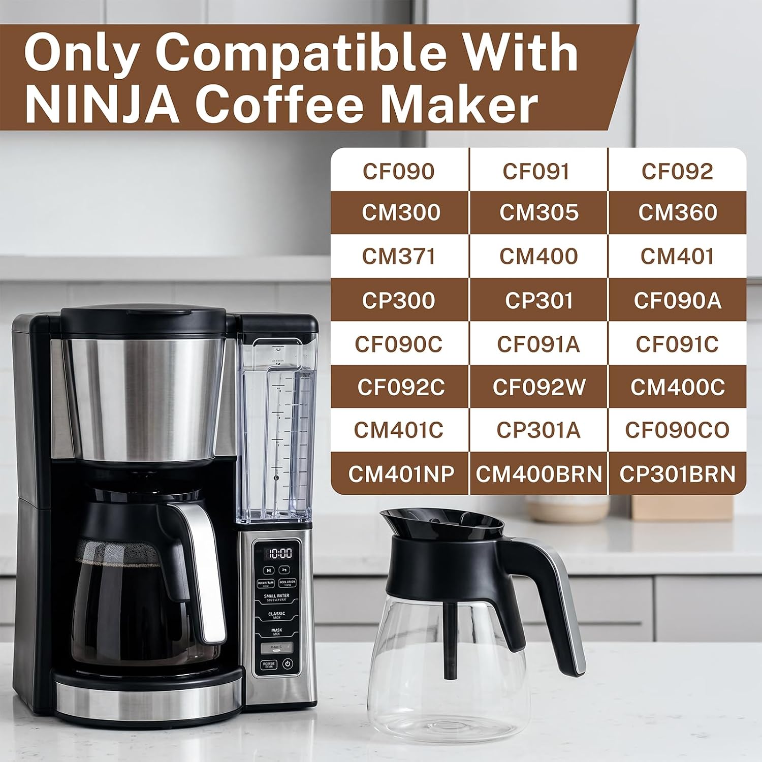 10 Cup Coffee Pot Replacement for Ninja Coffee Maker CM401 CM400 CM300 CP301 CF091, 50 oz Glass Carafe Replacement with Brew-Through Lid & Ergonomic Handle, Fits Ninja Specialty Coffee Makers