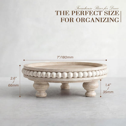 EOSAHR Rustic Round Pine Wooden Riser with Farmhouse Beaded - Decorative Tray for Home Decor, Plant Stand & Coffee Table – Display Risers for Kitchen Counter (Light-Natural)