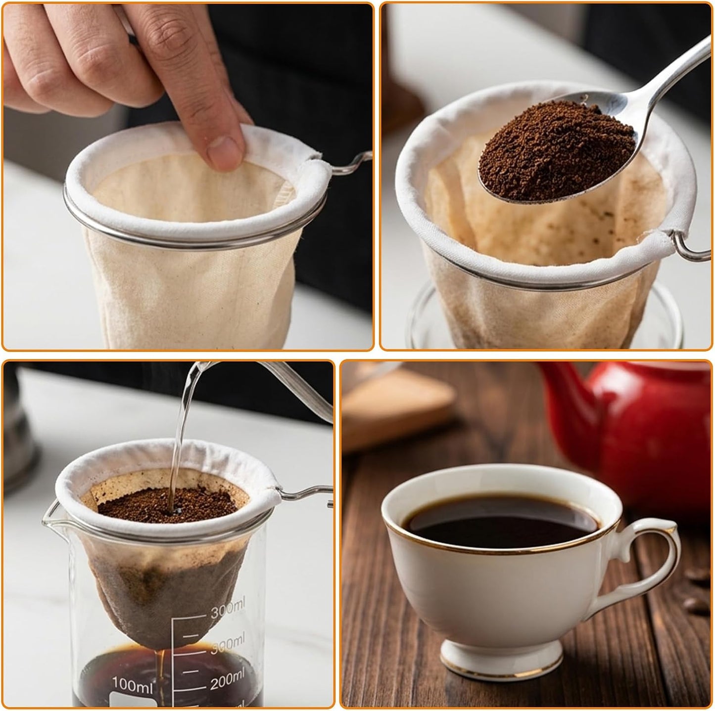 5 Pcs Cloth Coffee Filters Reusable, Coffee Strainer Cloth with Stainless Steel Handle, Coffee Sock Filter for Straining Juice, NutMilk, Thai Tea, Yogurt and Soup