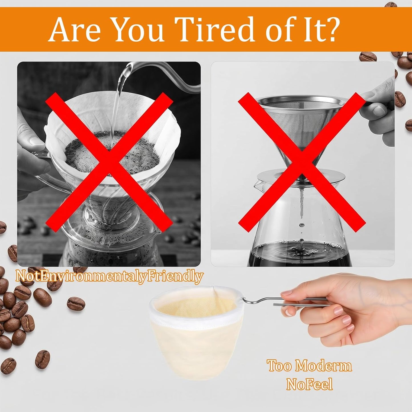5 Pcs Cloth Coffee Filters Reusable, Coffee Strainer Cloth with Stainless Steel Handle, Coffee Sock Filter for Straining Juice, NutMilk, Thai Tea, Yogurt and Soup
