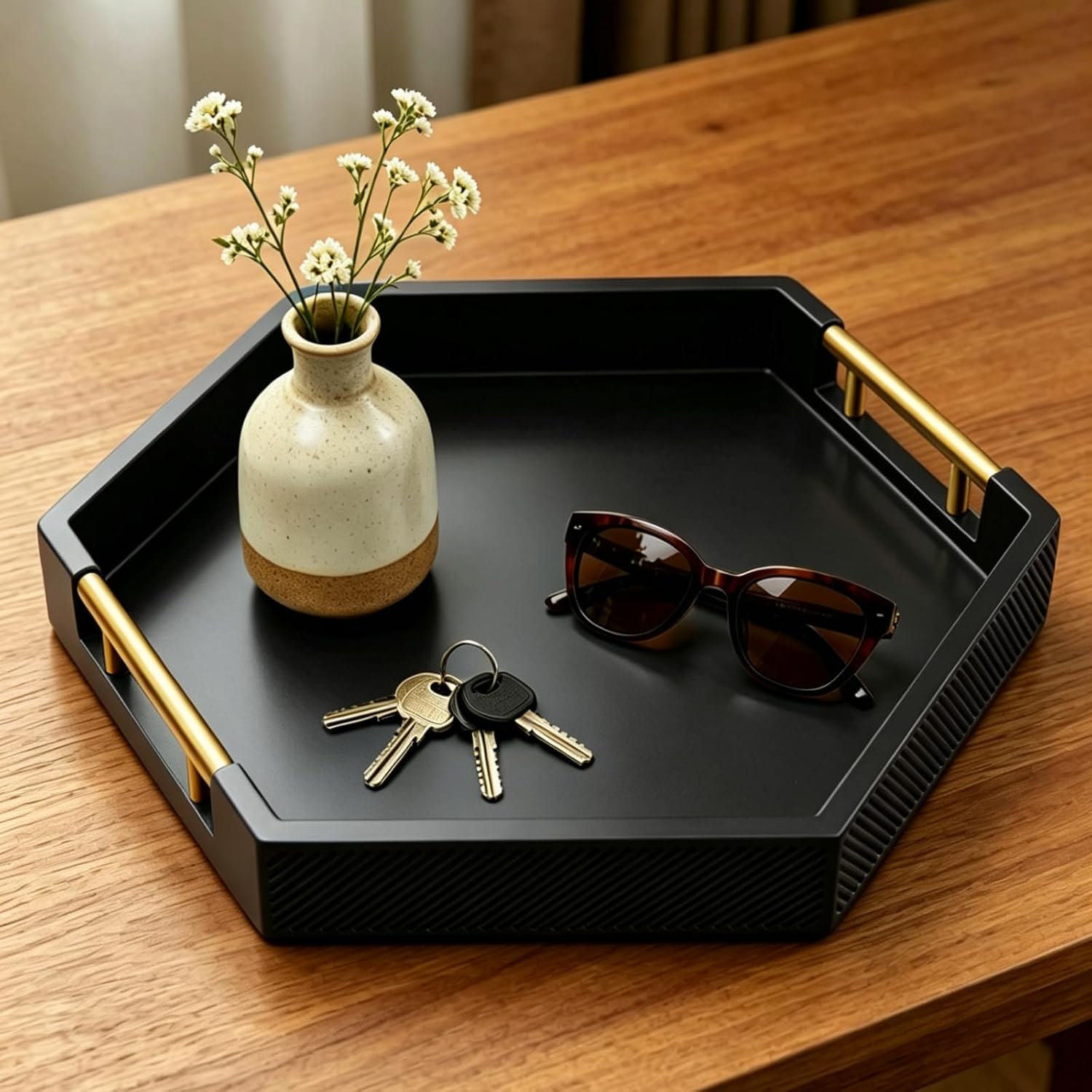 Hexagon Decorative Serving Tray with Polished Gold-Tone Metal Handles, Black Glossy Finish, Large Ottoman and Coffee Table Tray, 17.7x15.4x2 Inch (Black)