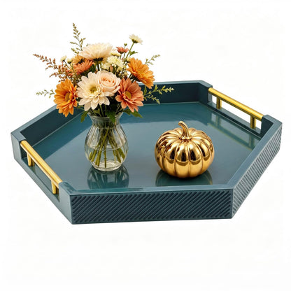 Hexagon Decorative Serving Tray with Polished Gold-Tone Metal Handles, Black Glossy Finish, Large Ottoman and Coffee Table Tray, 17.7x15.4x2 Inch (Black)