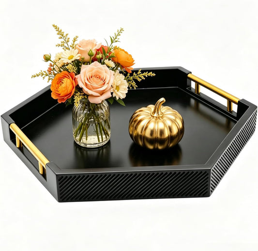 Hexagon Decorative Serving Tray with Polished Gold-Tone Metal Handles, Black Glossy Finish, Large Ottoman and Coffee Table Tray, 17.7x15.4x2 Inch (Black)