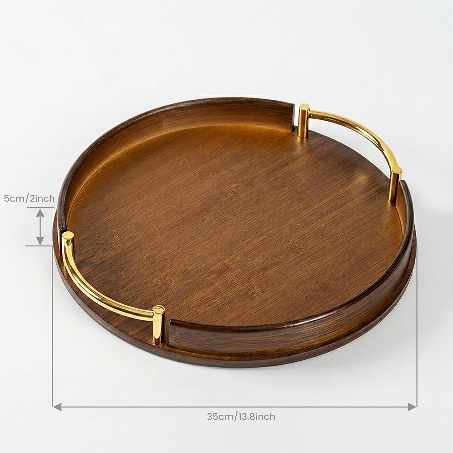12-Inch Round Bamboo Serving Tray with Handles, Dark Brown Wooden Coffee Table Tray for Ottoman & Kitchen, Decorative Tray for Drinks, Snacks, Home Decor and Gift Use