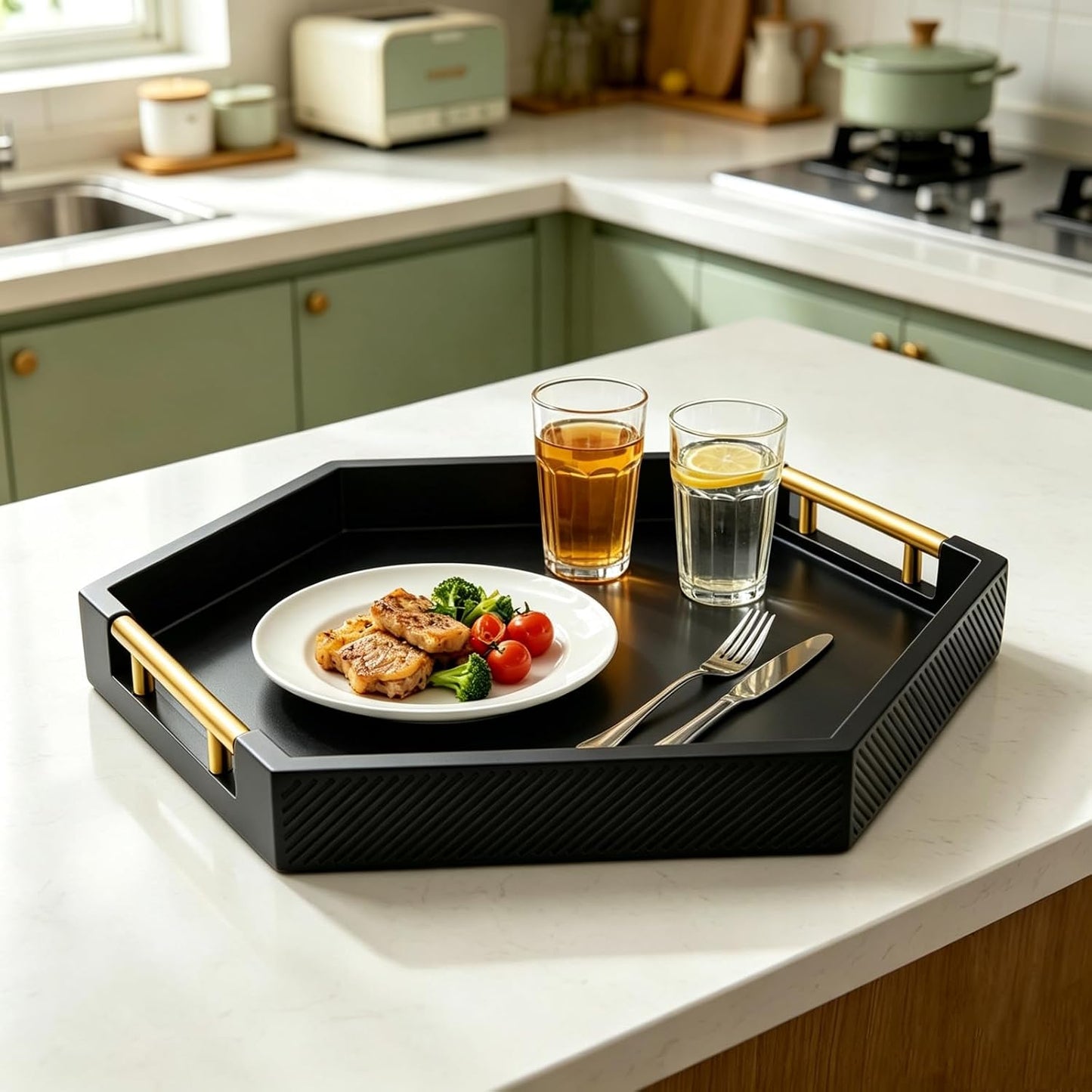 Hexagon Decorative Serving Tray with Polished Gold-Tone Metal Handles, Black Glossy Finish, Large Ottoman and Coffee Table Tray, 17.7x15.4x2 Inch (Black)