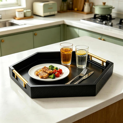 Hexagon Decorative Serving Tray with Polished Gold-Tone Metal Handles, Black Glossy Finish, Large Ottoman and Coffee Table Tray, 17.7x15.4x2 Inch (Black)