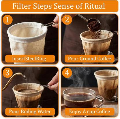 5 Pcs Cloth Coffee Filters Reusable, Coffee Strainer Cloth with Stainless Steel Handle, Coffee Sock Filter for Straining Juice, NutMilk, Thai Tea, Yogurt and Soup