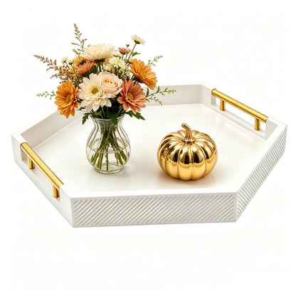 Hexagon Decorative Serving Tray with Polished Gold-Tone Metal Handles, Black Glossy Finish, Large Ottoman and Coffee Table Tray, 17.7x15.4x2 Inch (Black)