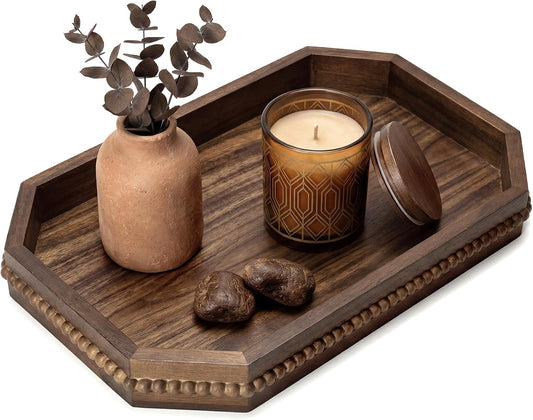 EOSAHR Acacia Wood Rustic Decorative Tray with Beads for Room Decor - Farmhouse Serving Tray for Coffee Table - Ideal for Displaying Bathroom Decor Accessories (Dark Acacia)