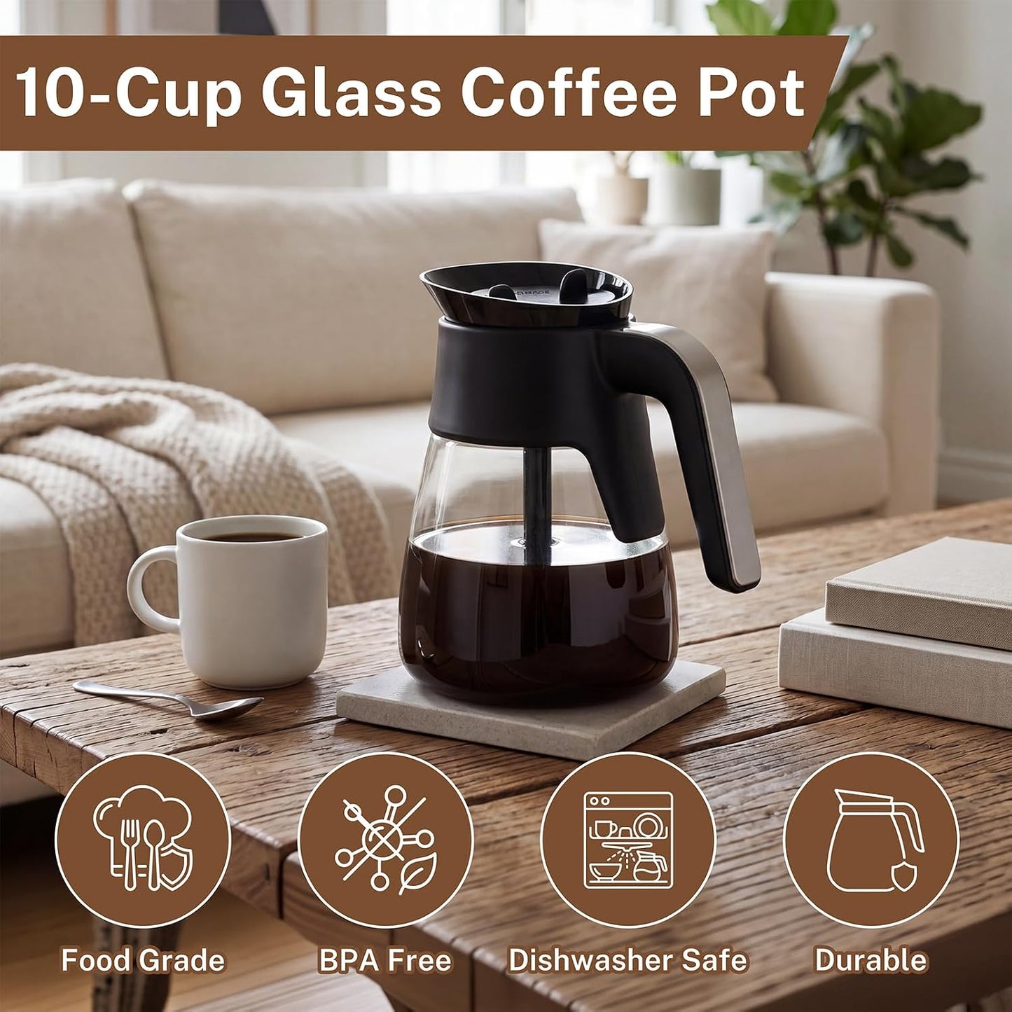 10 Cup Coffee Pot Replacement for Ninja Coffee Maker CM401 CM400 CM300 CP301 CF091, 50 oz Glass Carafe Replacement with Brew-Through Lid & Ergonomic Handle, Fits Ninja Specialty Coffee Makers