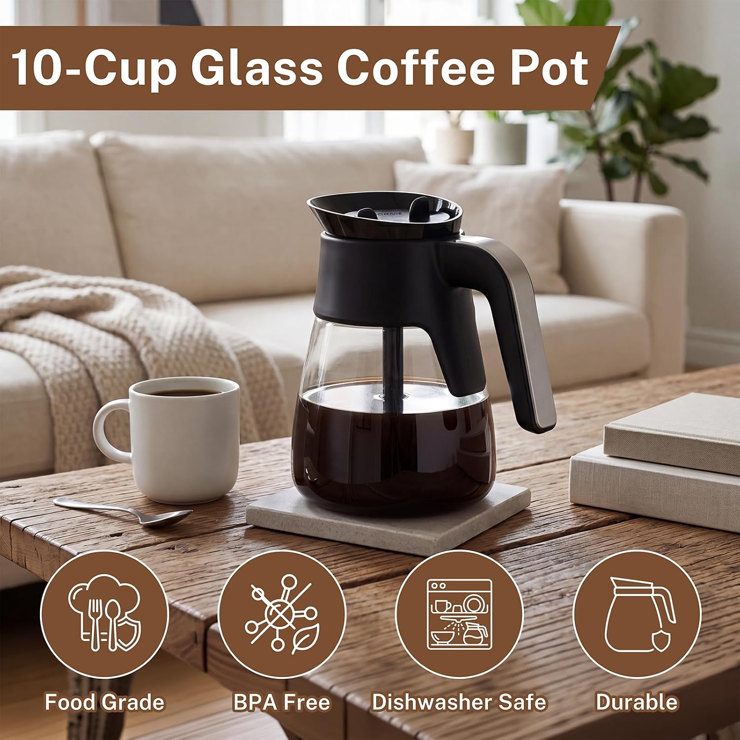 10 Cup Coffee Pot Replacement for Ninja Coffee Maker CM401 CM400 CM300 CP301 CF091, 50 oz Glass Carafe Replacement with Brew-Through Lid & Ergonomic Handle, Fits Ninja Specialty Coffee Makers
