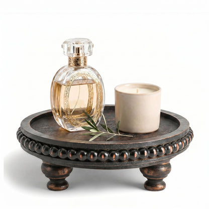 EOSAHR Rustic Round Pine Wooden Riser with Farmhouse Beaded - Decorative Tray for Home Decor, Plant Stand & Coffee Table – Display Risers for Kitchen Counter (Light-Natural)