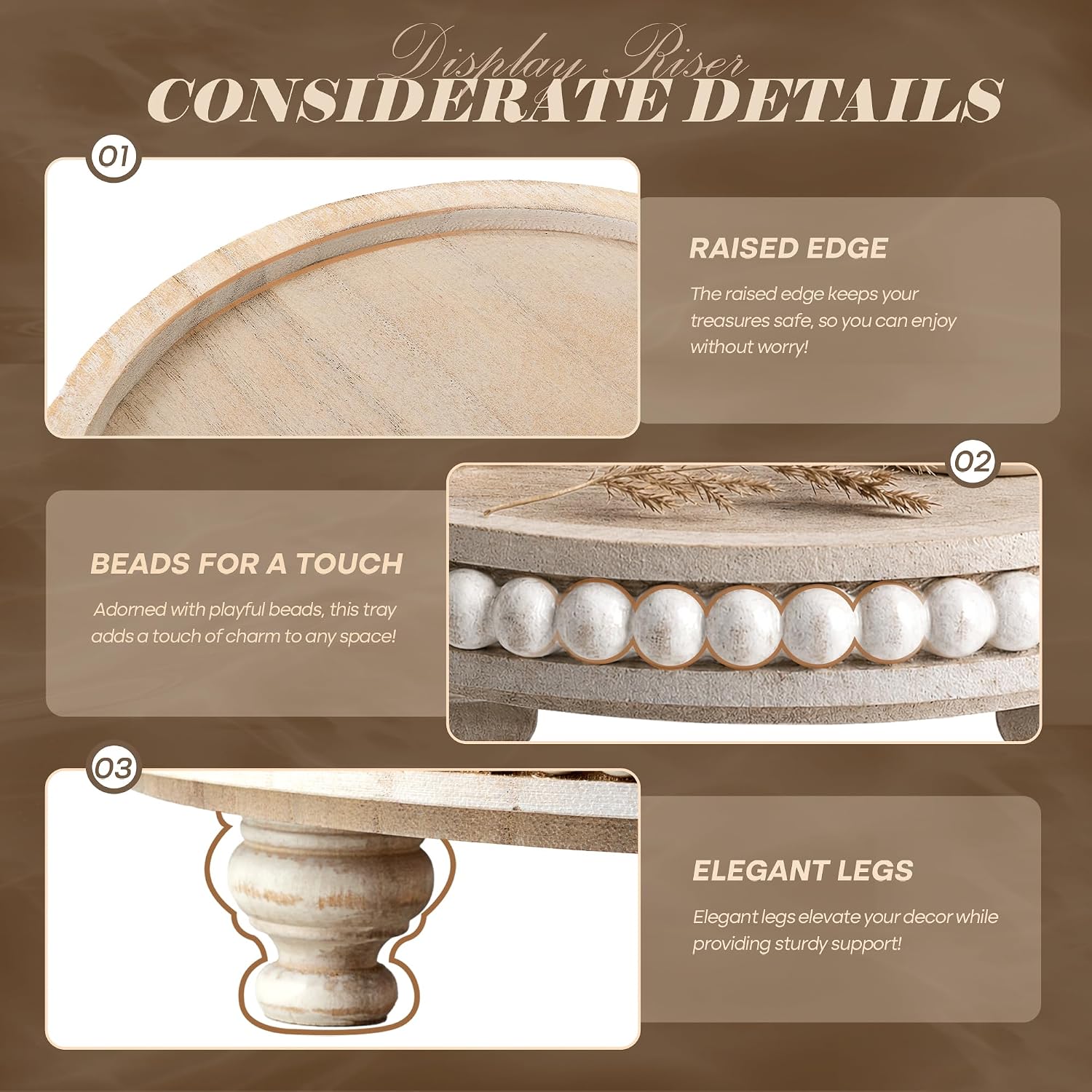 EOSAHR Rustic Round Pine Wooden Riser with Farmhouse Beaded - Decorative Tray for Home Decor, Plant Stand & Coffee Table – Display Risers for Kitchen Counter (Light-Natural)