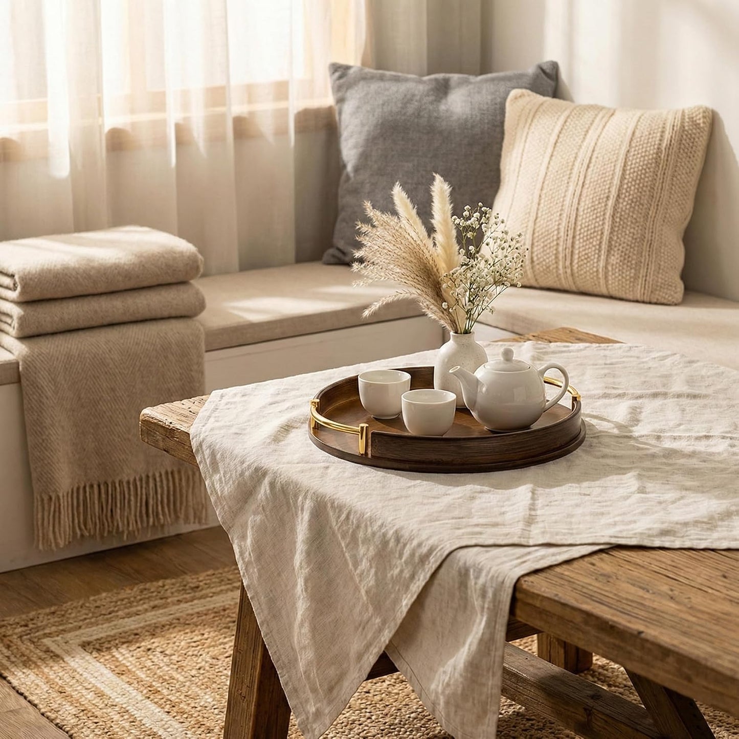 12-Inch Round Bamboo Serving Tray with Handles, Dark Brown Wooden Coffee Table Tray for Ottoman & Kitchen, Decorative Tray for Drinks, Snacks, Home Decor and Gift Use