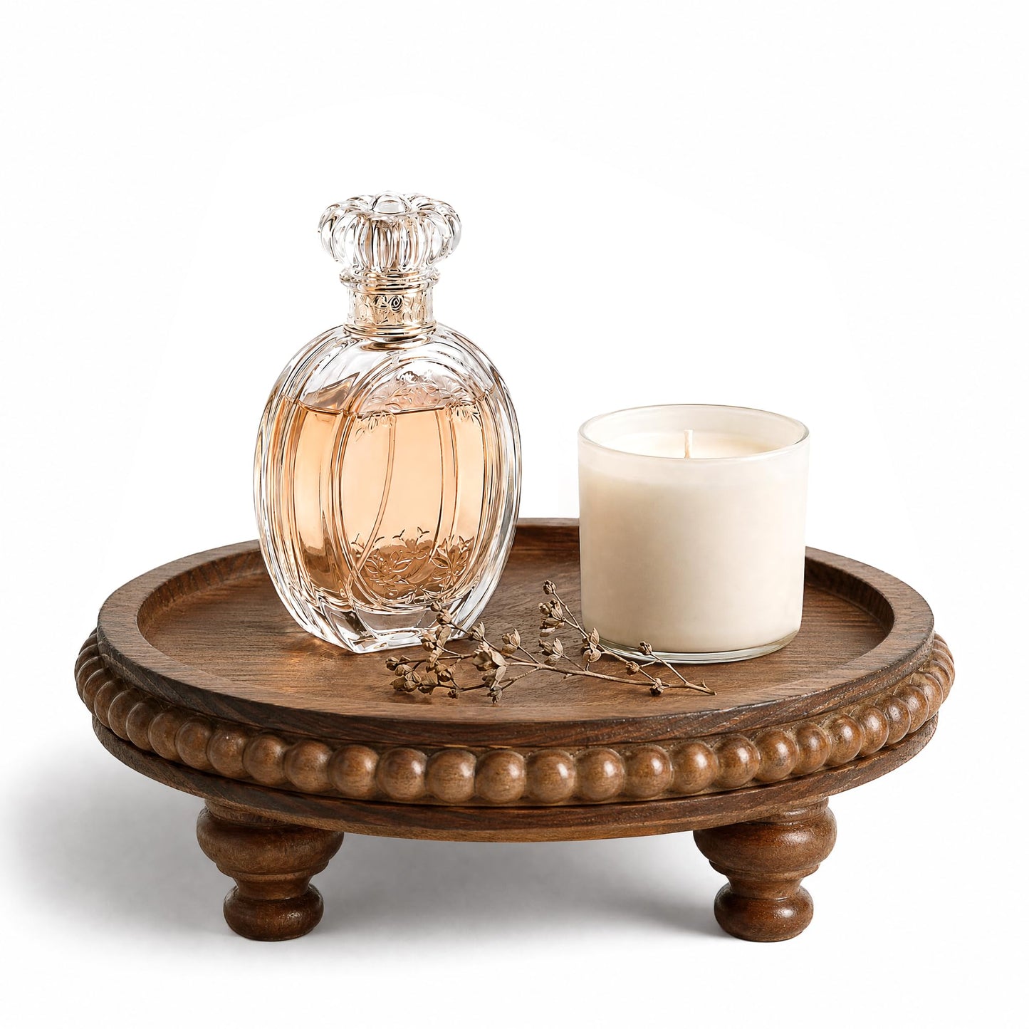 EOSAHR Rustic Round Pine Wooden Riser with Farmhouse Beaded - Decorative Tray for Home Decor, Plant Stand & Coffee Table – Display Risers for Kitchen Counter (Light-Natural)