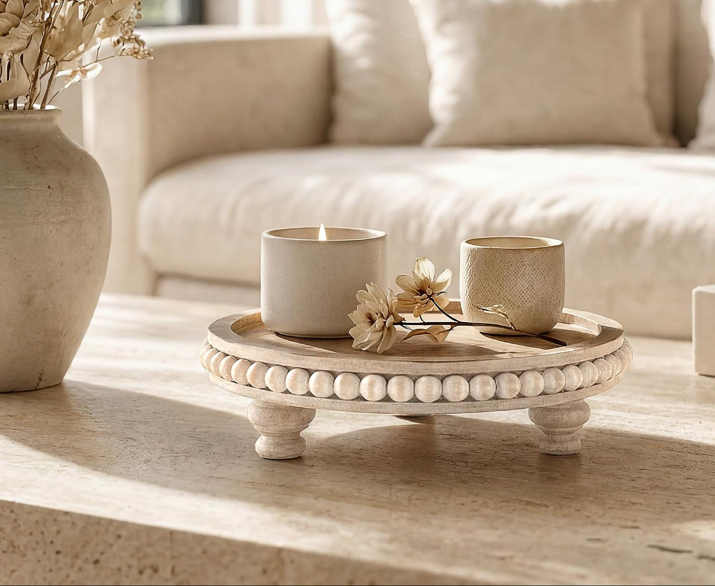 EOSAHR Rustic Round Pine Wooden Riser with Farmhouse Beaded - Decorative Tray for Home Decor, Plant Stand & Coffee Table – Display Risers for Kitchen Counter (Light-Natural)