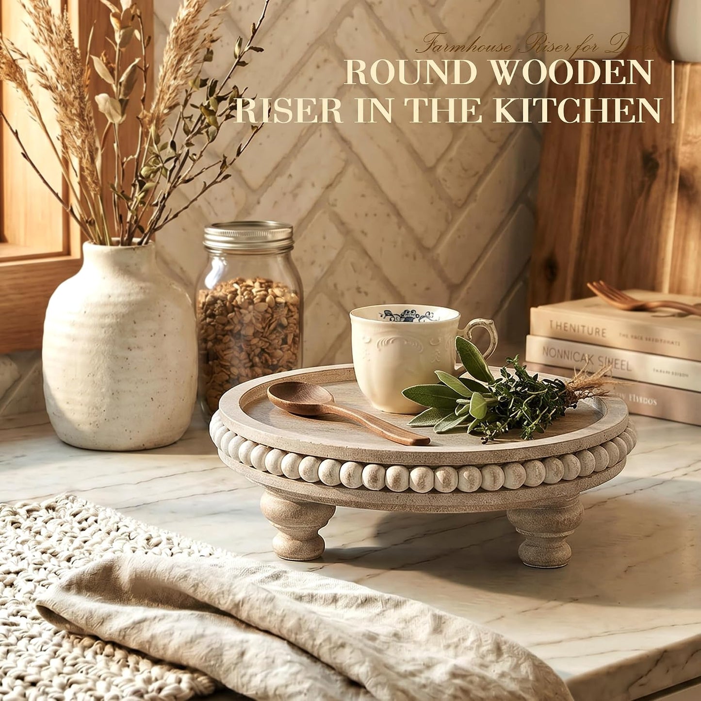 EOSAHR Rustic Round Pine Wooden Riser with Farmhouse Beaded - Decorative Tray for Home Decor, Plant Stand & Coffee Table – Display Risers for Kitchen Counter (Light-Natural)
